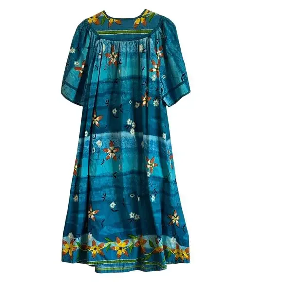 Vintage Boho Floral Caftan Dress Multicolor Cotton Short Sleeve XL w/Pockets - Picture 2 of 11